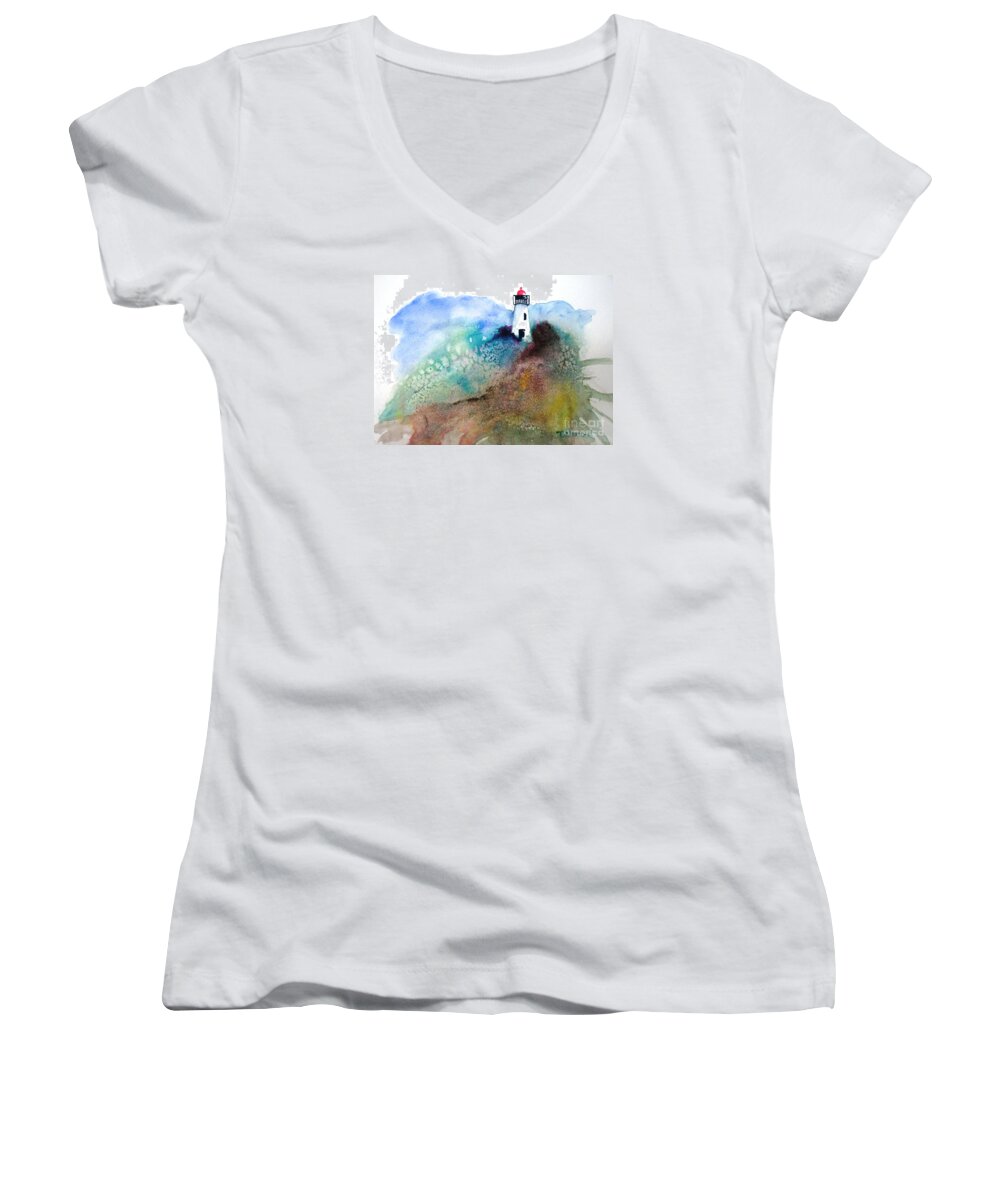 Lighthouse Women's V-Neck featuring the painting Lighthouse II - original sold by Therese Alcorn