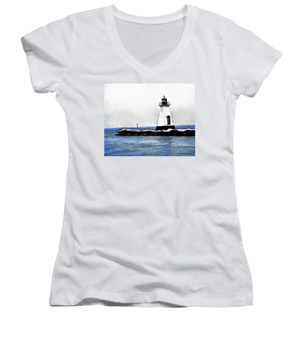 Lighthouse Women's V-Neck featuring the digital art Lighthouse by Leslie Montgomery