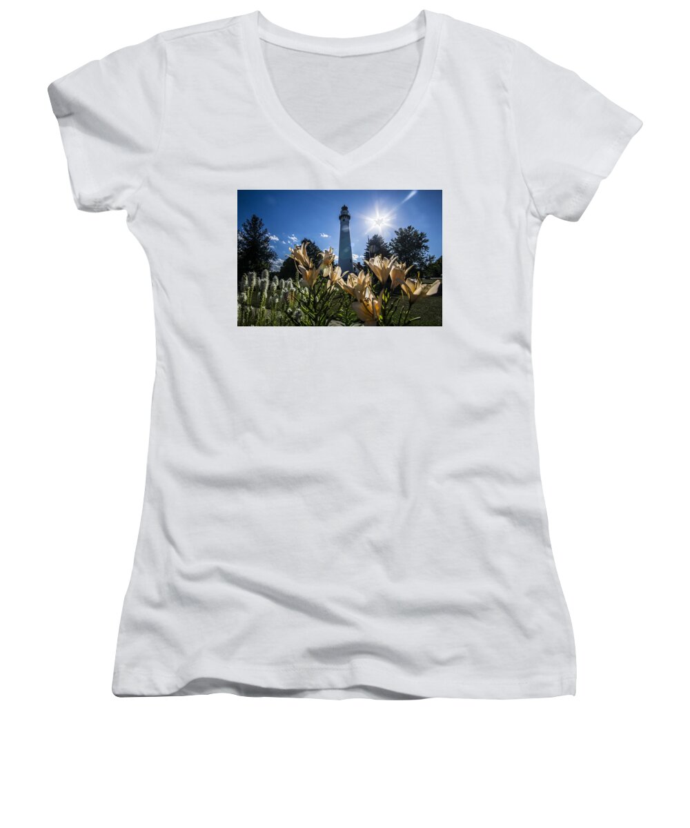 Wind Point Lighthouse Women's V-Neck featuring the photograph Lighthouse with a flowery foreground by Sven Brogren
