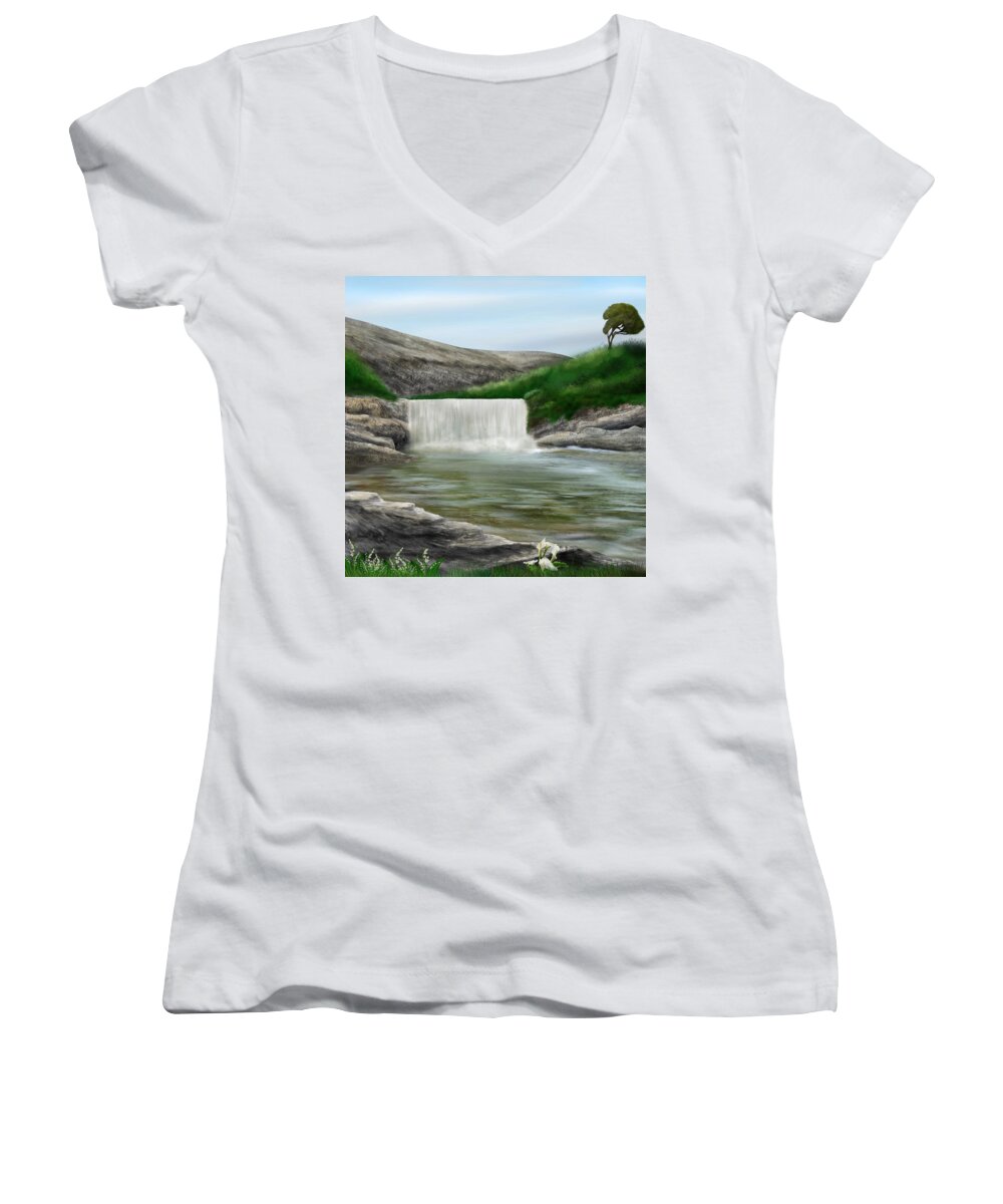 “lily Creek” Women's V-Neck featuring the digital art Lily Creek by Mark Taylor