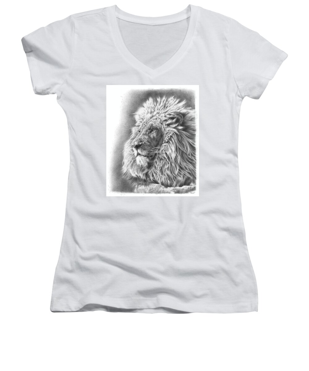 Lion Women's V-Neck featuring the drawing Lion King by Casey 'Remrov' Vormer