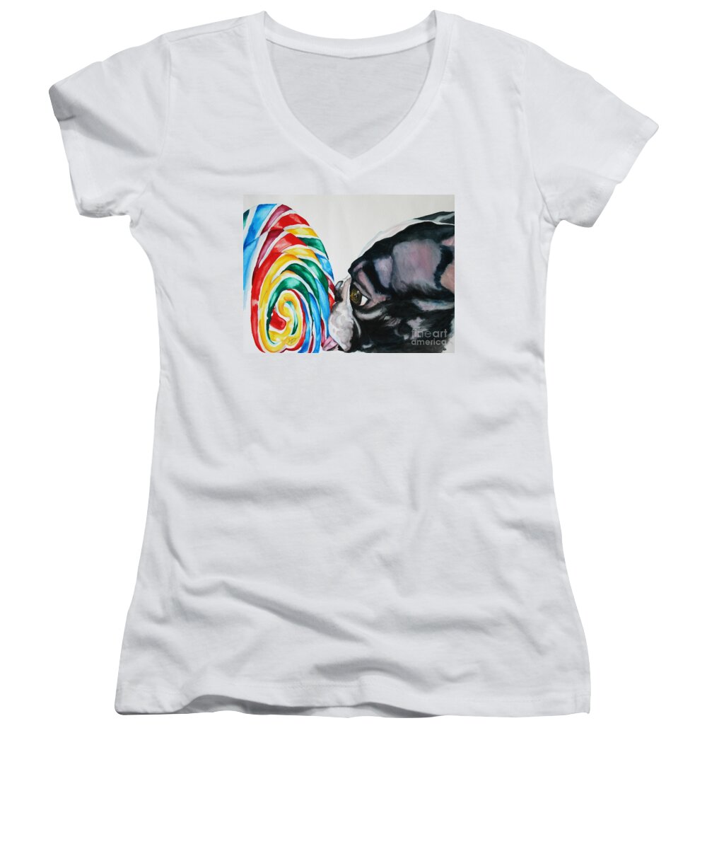Lollipop Women's V-Neck featuring the painting Lolli Pup by Susan Herber