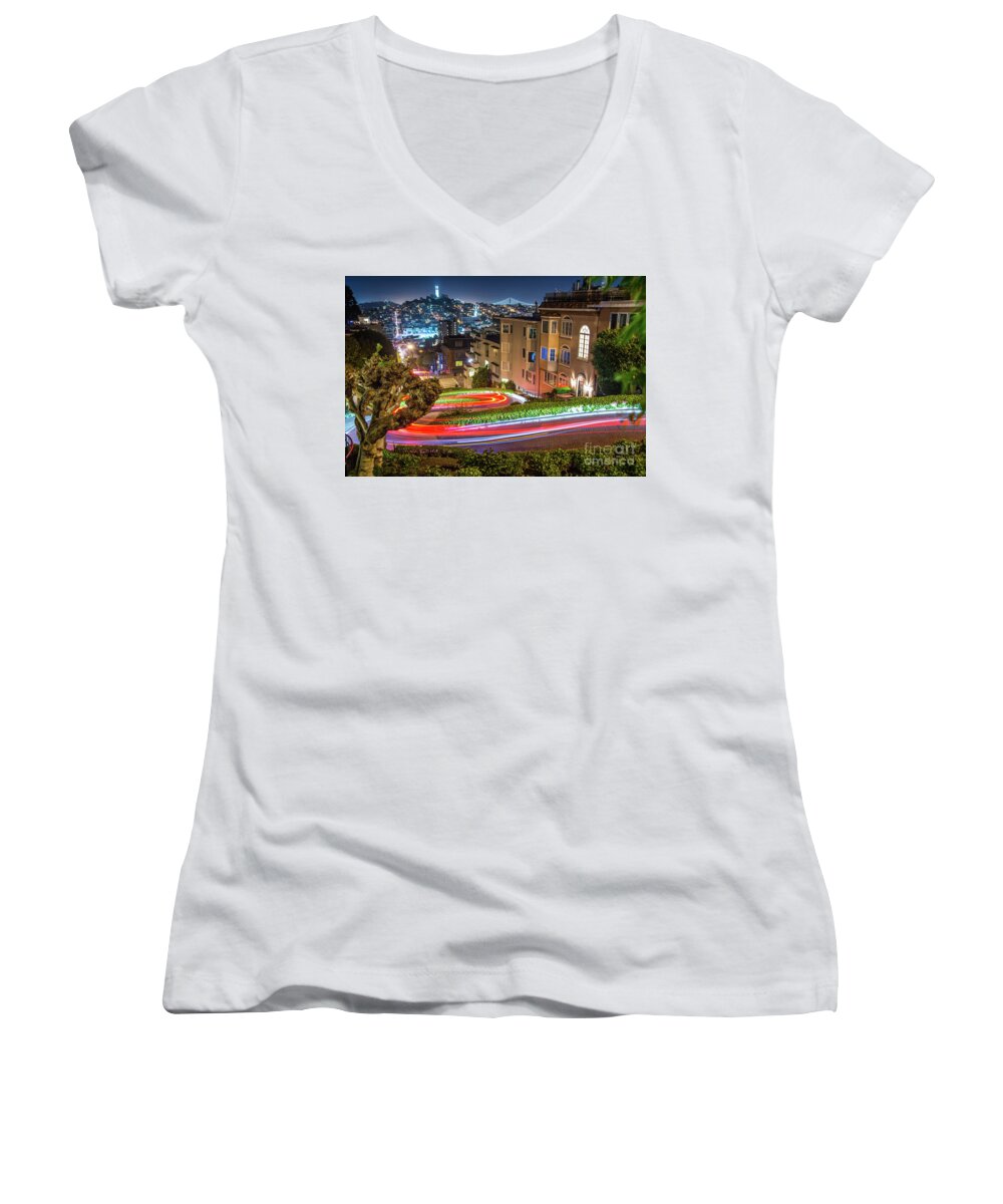 Lombard Street Women's V-Neck featuring the photograph Lombard Street by Michael Tidwell