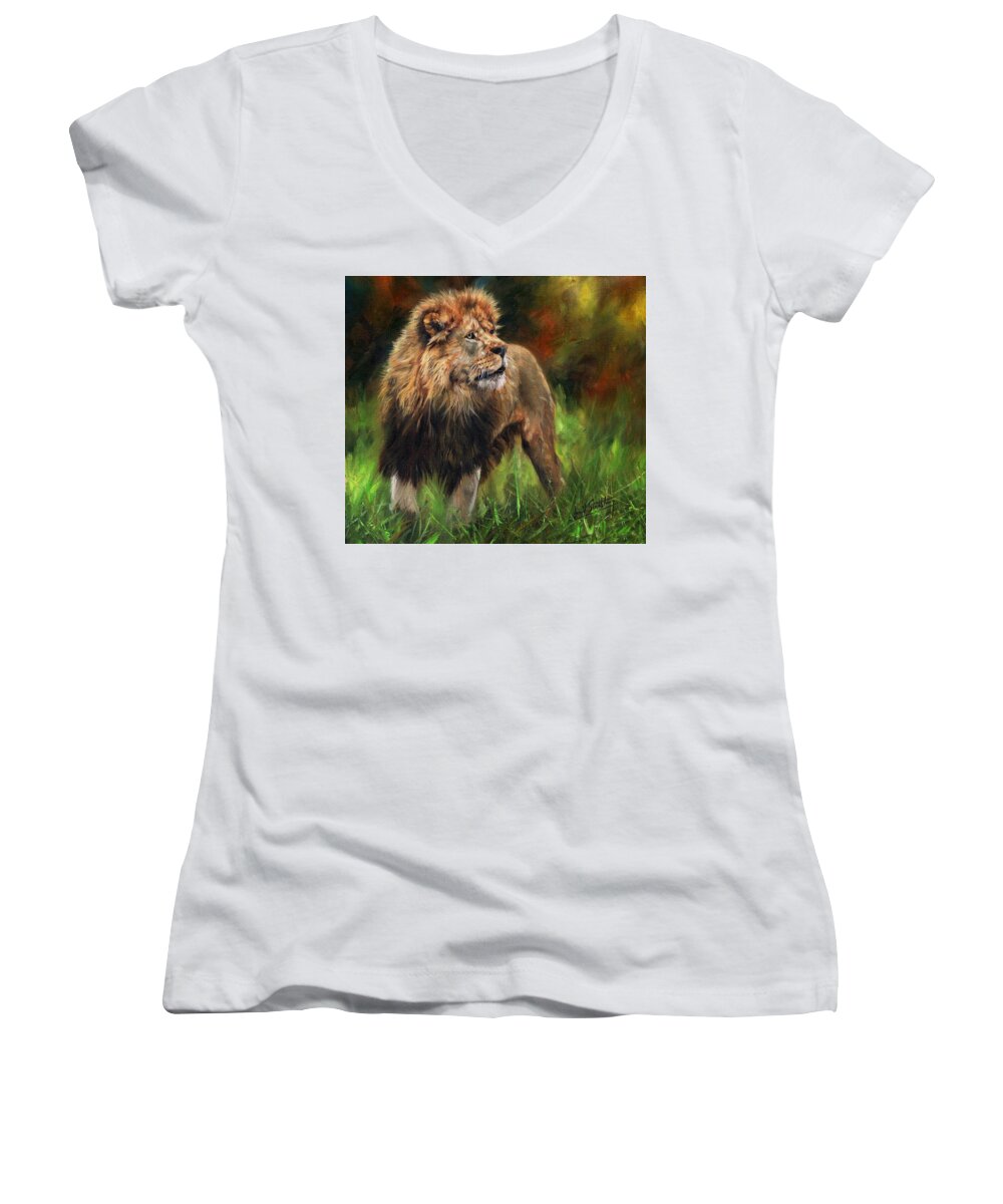 Lion Women's V-Neck featuring the painting Look of the Lion by David Stribbling