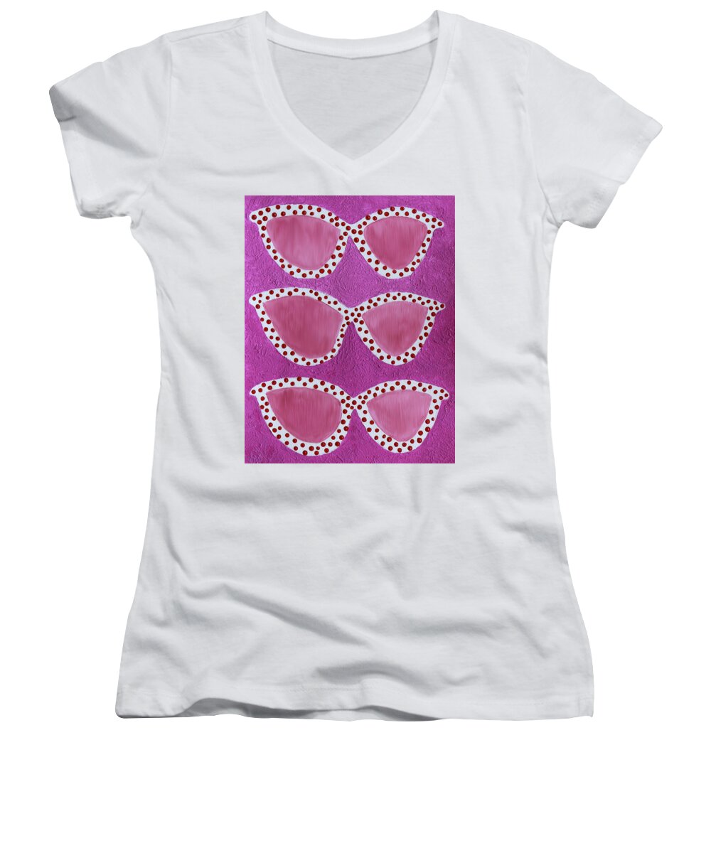 Sunglasses Women's V-Neck featuring the painting Looking At The World Through Rose Colored Sunglasses by Deborah Boyd