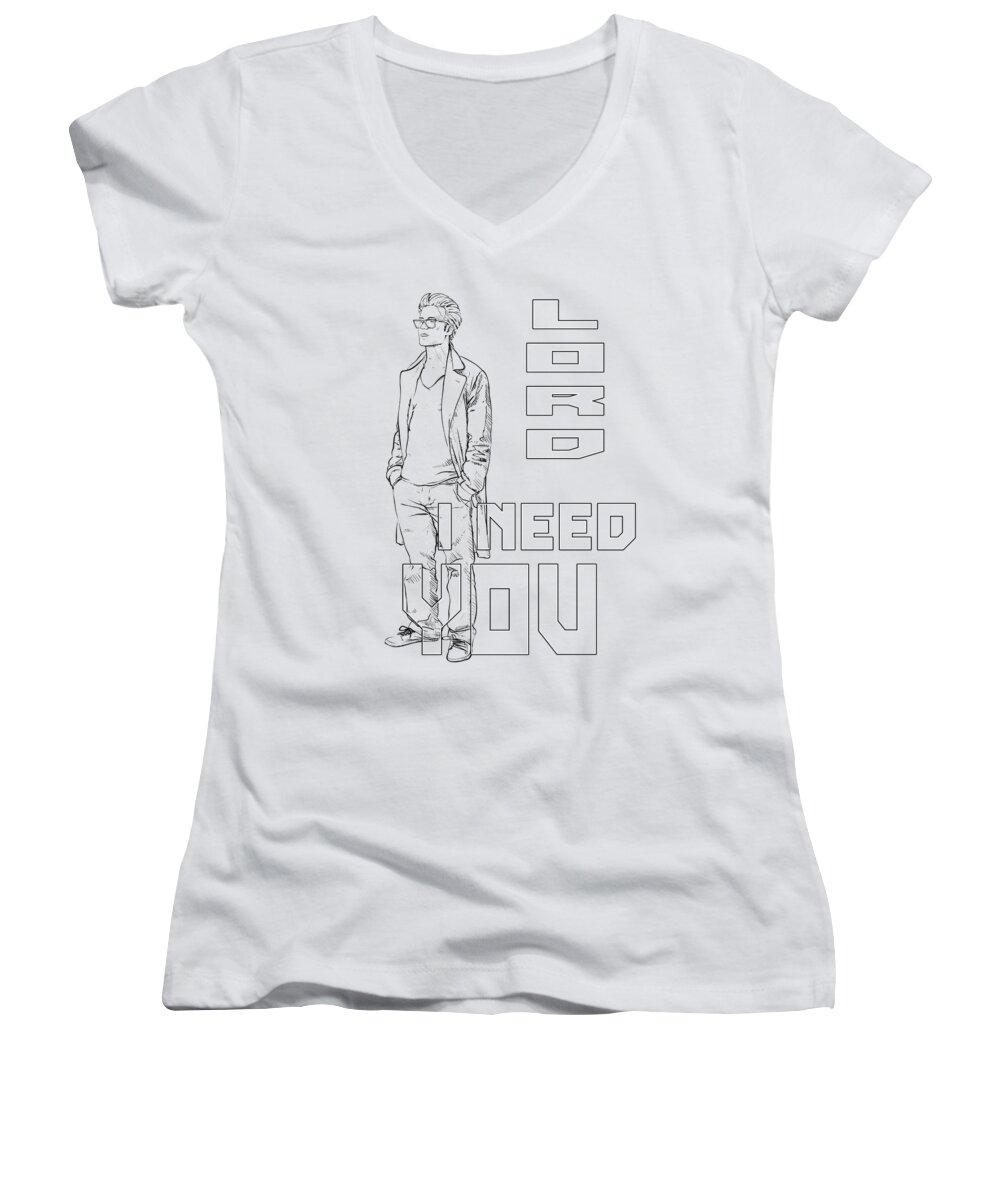 Jesus Women's V-Neck featuring the digital art Lord I Need You WHITE by Payet Emmanuel
