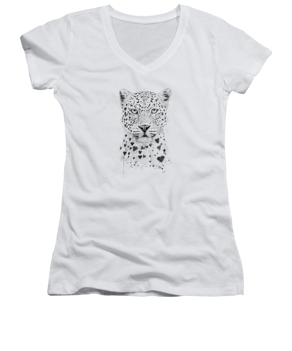 Leopard Women's V-Neck featuring the drawing Lovely leopard by Balazs Solti