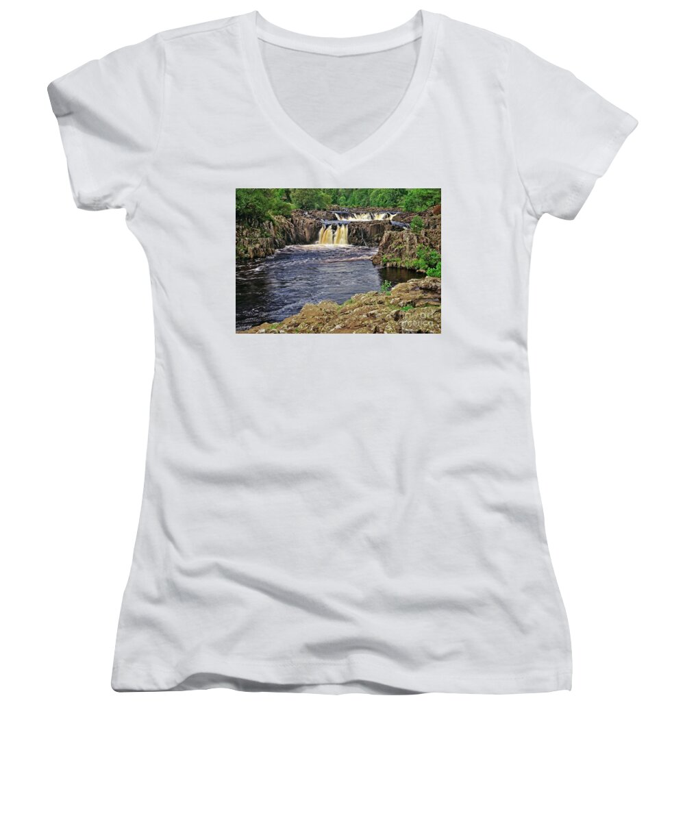 Waterfall Women's V-Neck featuring the photograph Low Force Waterfall, Teesdale, North Pennines by Martyn Arnold