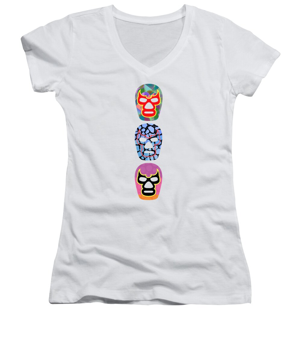 Lucha Women's V-Neck featuring the digital art Lucha Libre Mexican Professional Wrestling Totem by Edward Fielding
