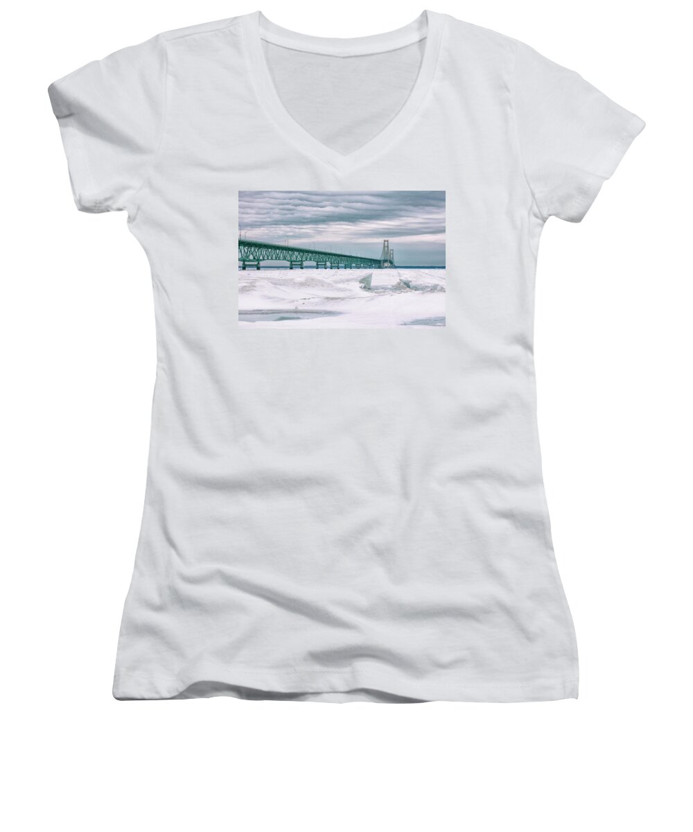 John Mcgraw Women's V-Neck featuring the photograph Mackinac Bridge in Winter during Day by John McGraw