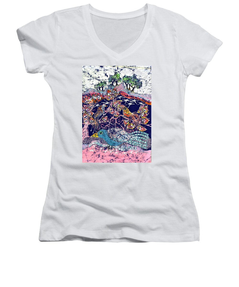 Batik Women's V-Neck featuring the tapestry - textile Magical Birds by Carol Law Conklin