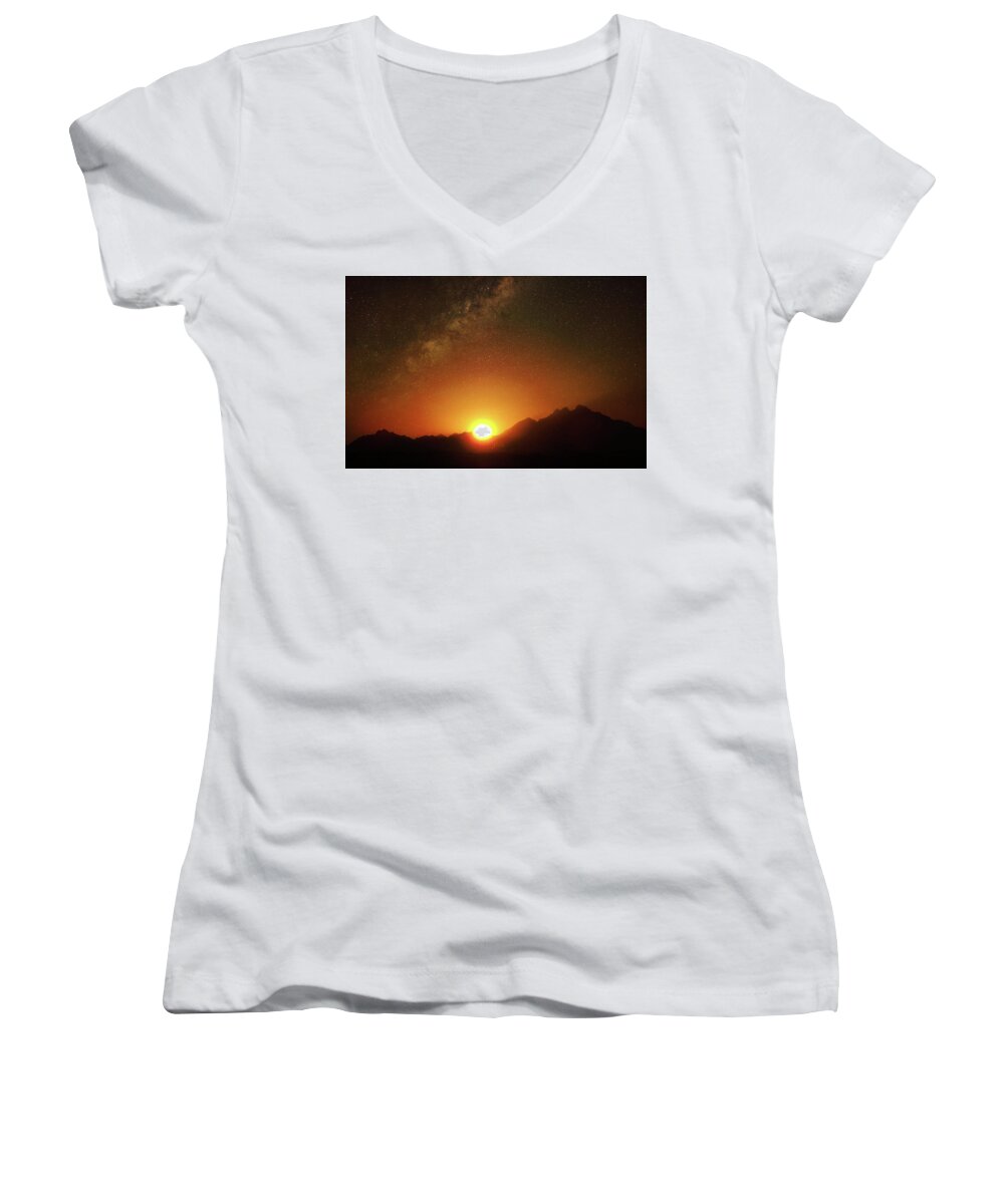 Sunset Women's V-Neck featuring the photograph Magical Milkyway Above The African Mountains by Johanna Hurmerinta