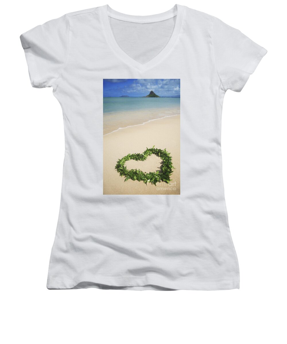 Beach Women's V-Neck featuring the photograph Maile Lei on Beach I by Brandon Tabiolo - Printscapes