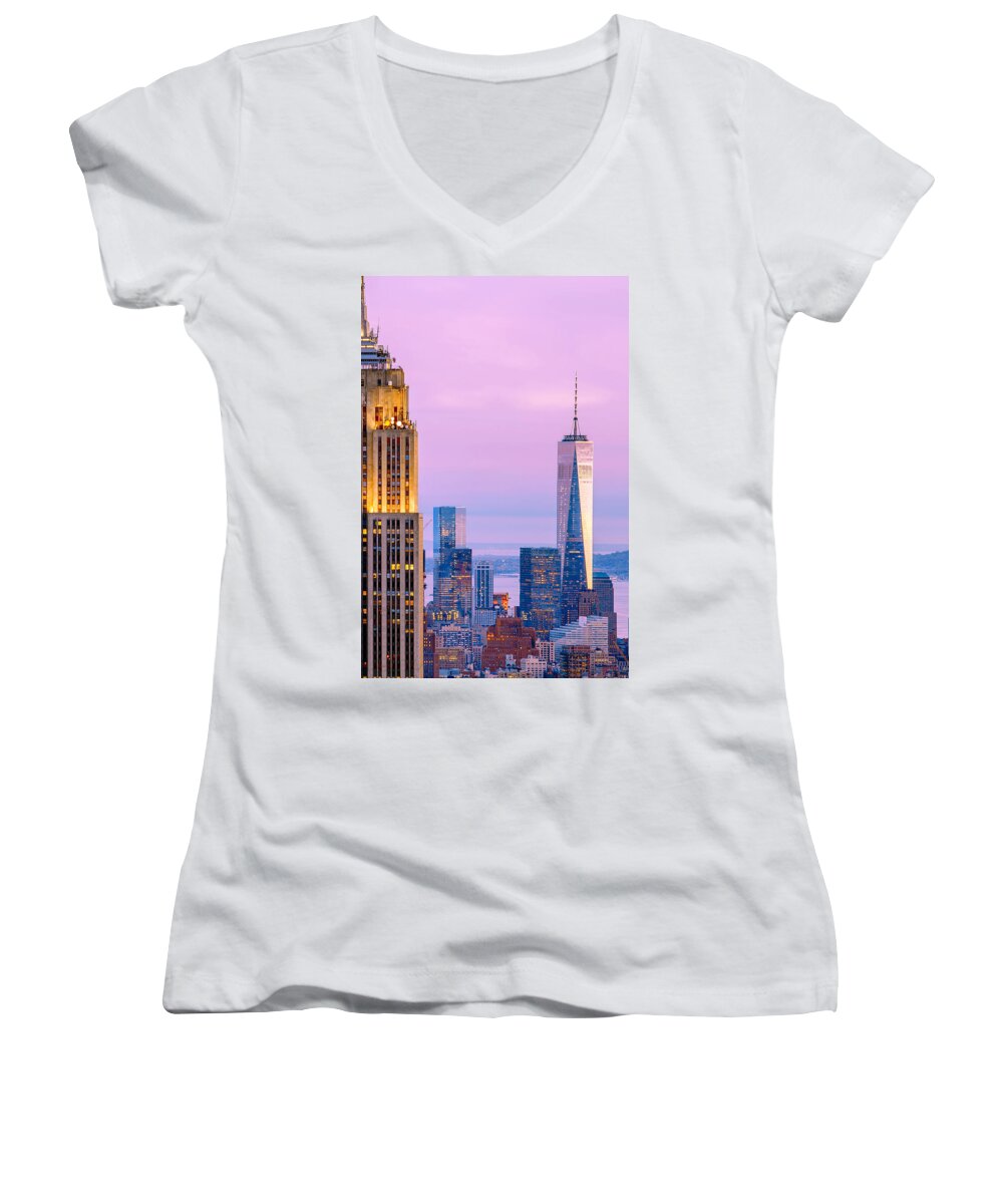 Empire State Building Women's V-Neck featuring the photograph Manhattan Romance by Az Jackson