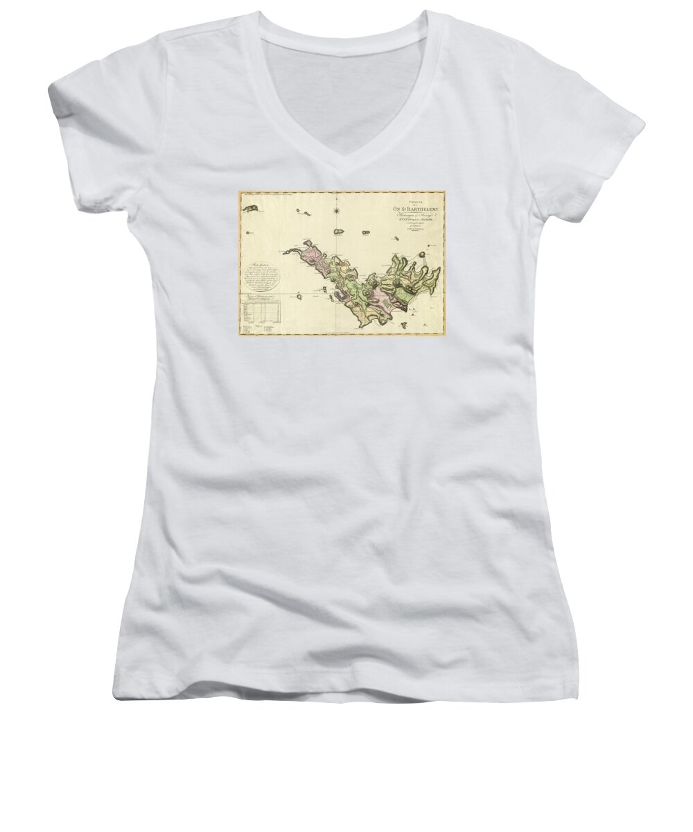 Saint Barts Women's V-Neck featuring the photograph Map Of Saint Barts 1801 by Andrew Fare