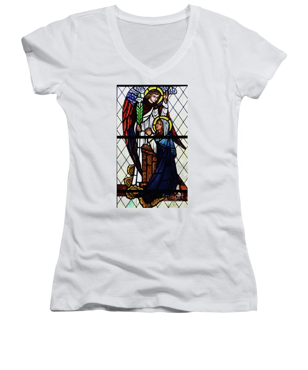 Mary Women's V-Neck featuring the photograph Mary and the Angel Gabriel by Debby Pueschel