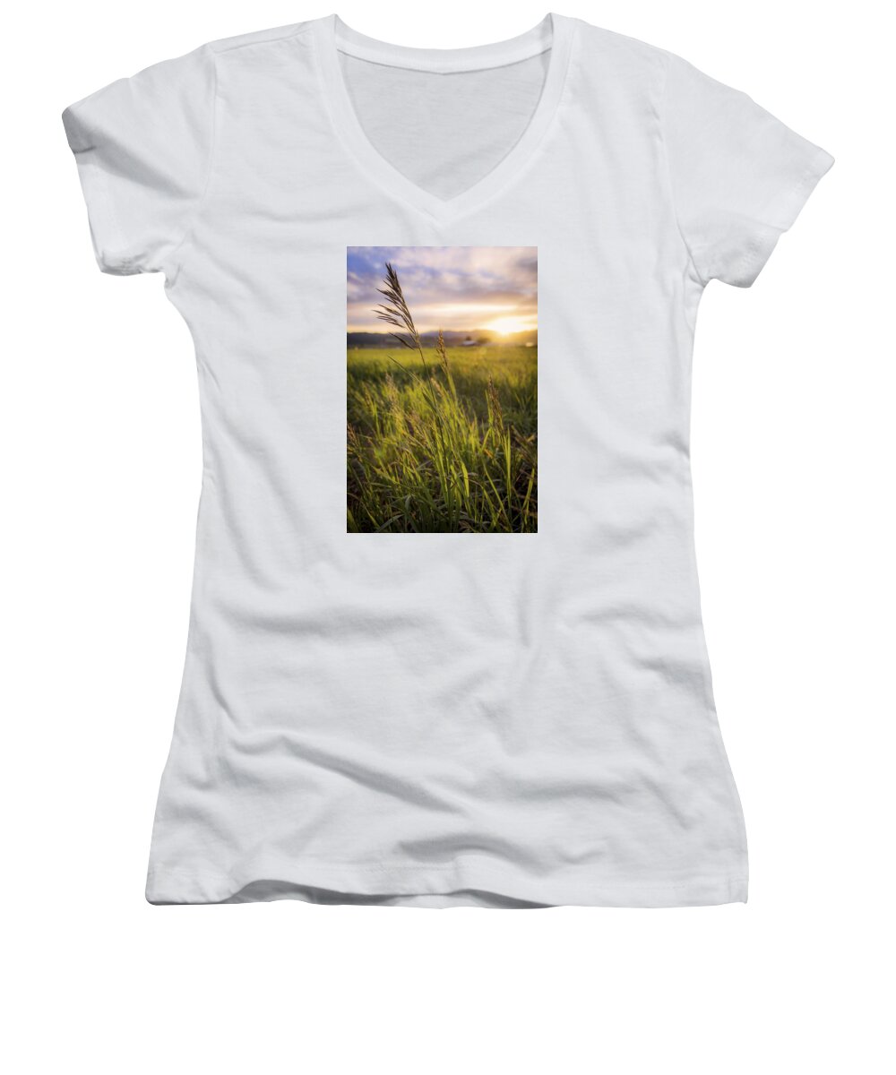 Meadow Light Women's V-Neck featuring the photograph Meadow Light by Chad Dutson