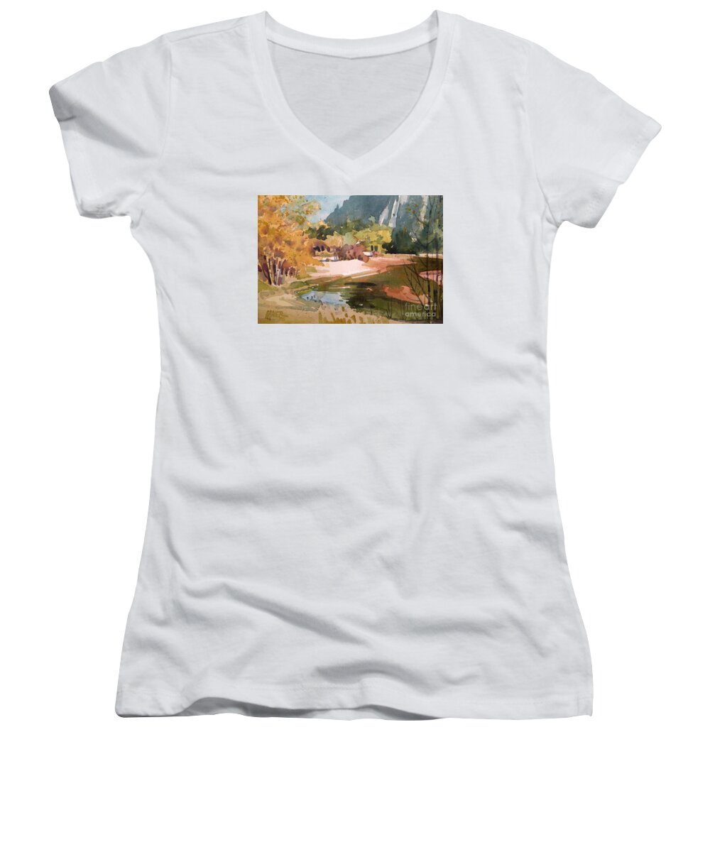 Ansel Adams Women's V-Neck featuring the painting Merced River Encounter by Donald Maier