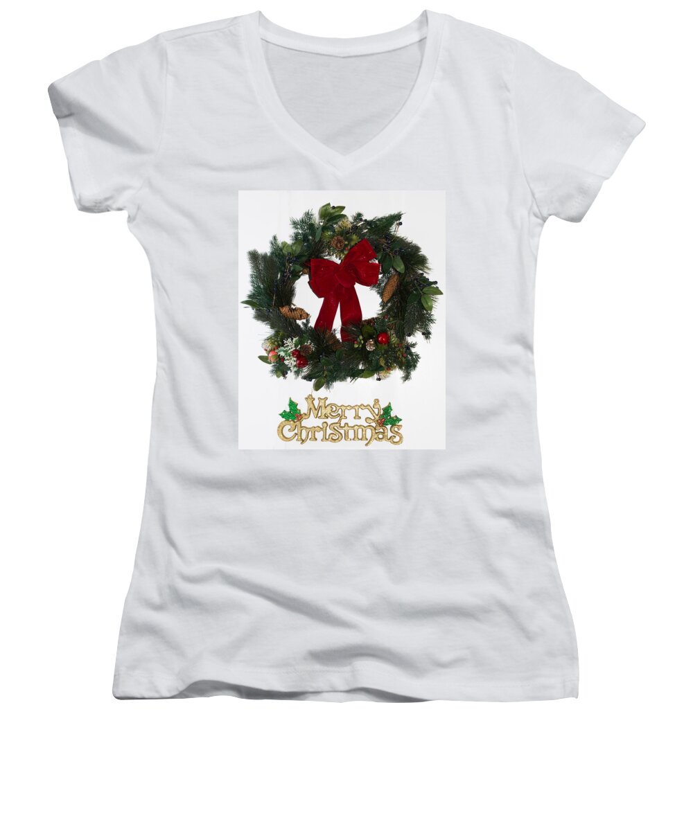 Christmas Wreath With Merry Christmas Words Women's V-Neck featuring the photograph Merry Christmas by Kenneth Cole