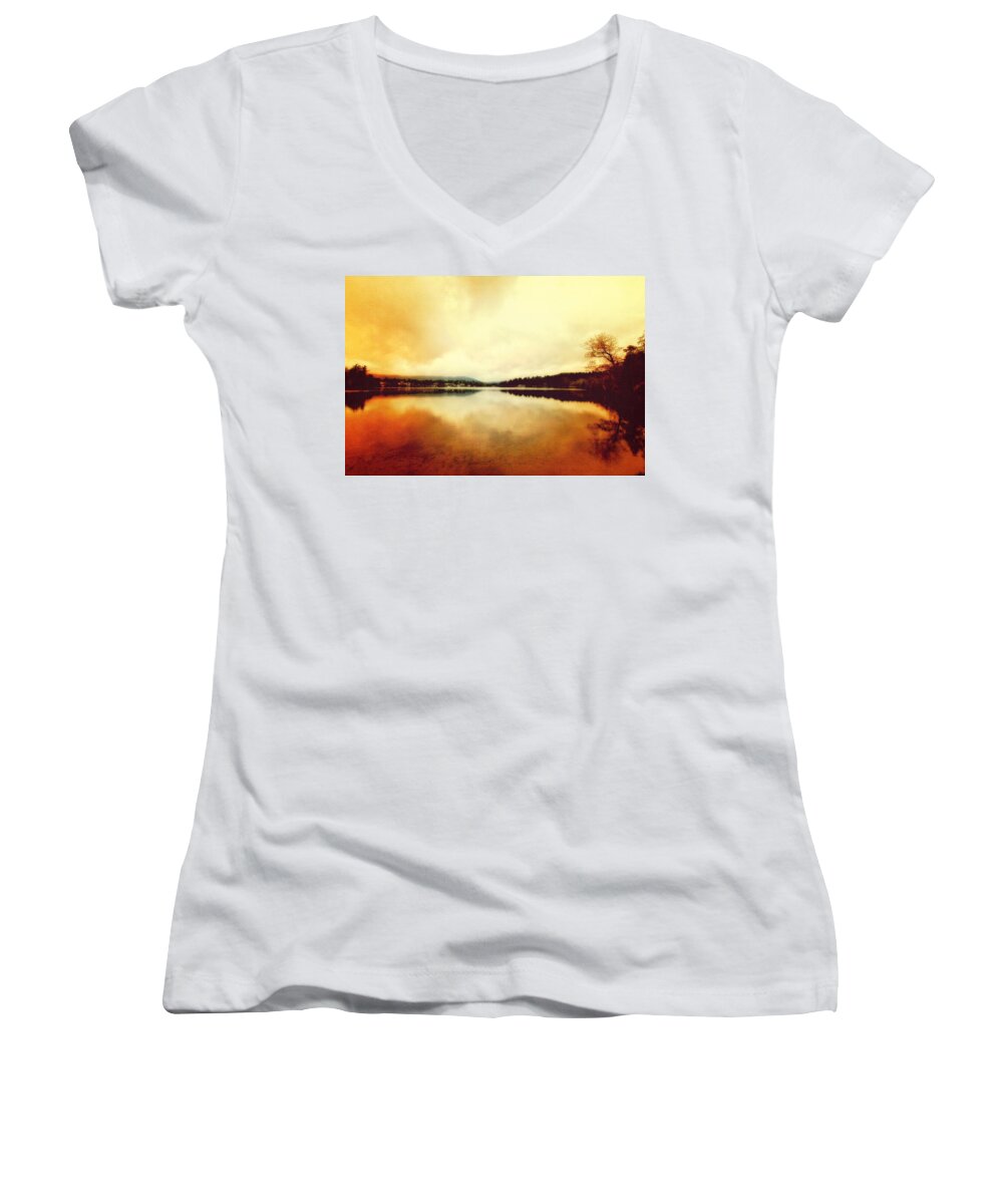 Lakes Women's V-Neck featuring the digital art Mirror Lake at Sunset by Trina Ansel
