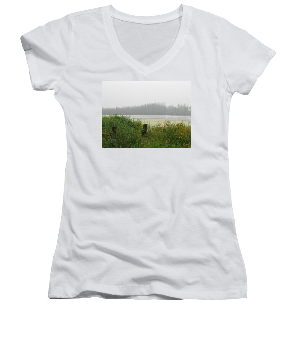 Morning Mist Women's V-Neck featuring the photograph Misty Lake by Marilyn Smith