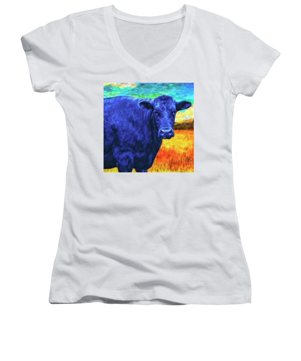 Cow Women's V-Neck featuring the painting Montana Blue by Sandra Selle Rodriguez