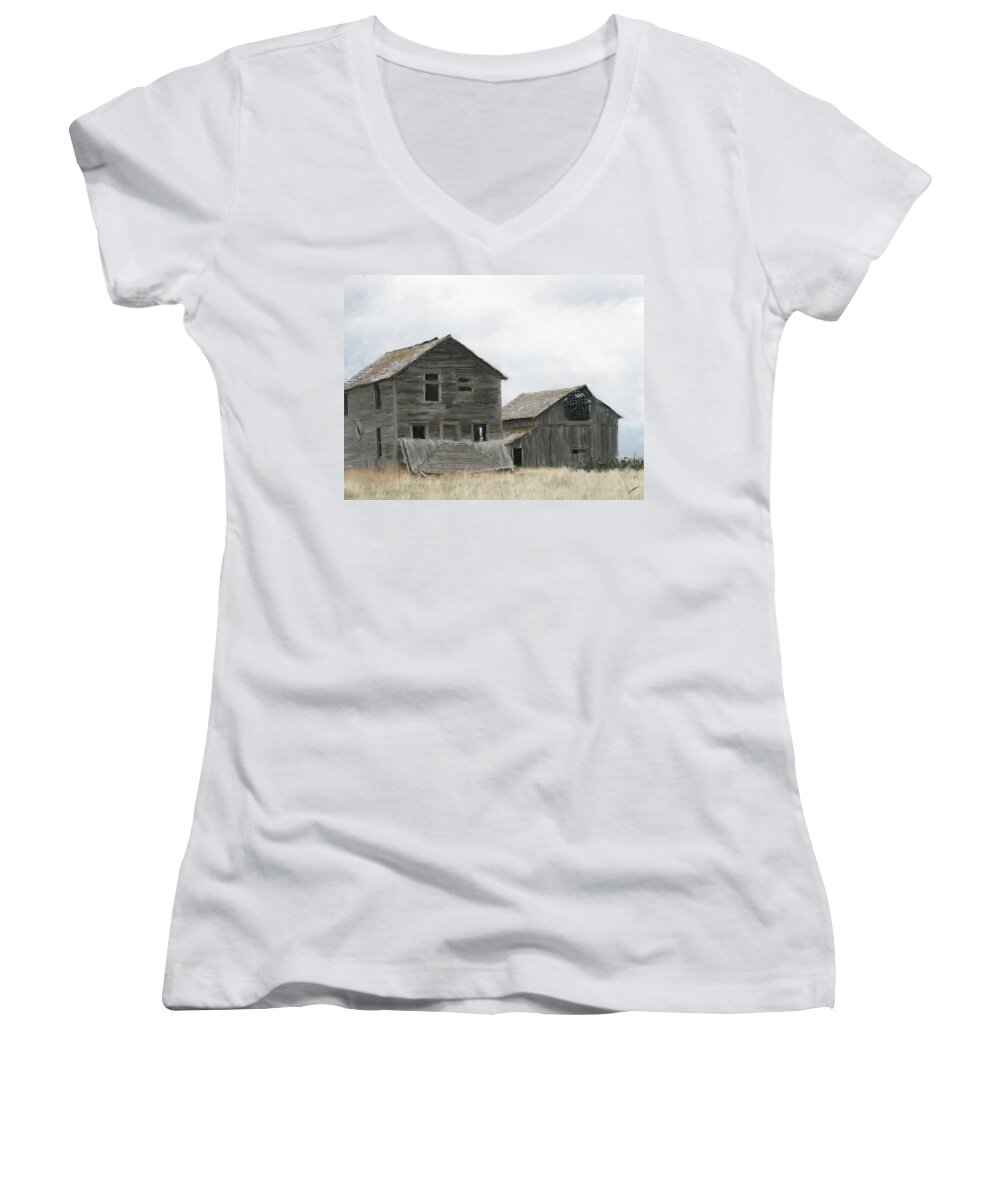 Montana Women's V-Neck featuring the painting Montana Past by Susan Kinney