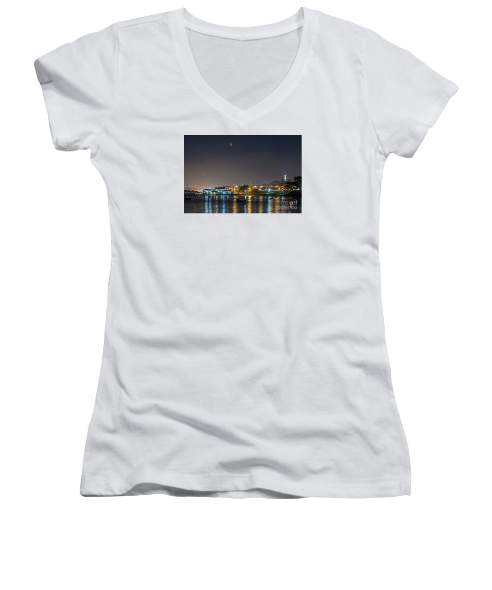 Aquatic Park Women's V-Neck featuring the photograph Moon over Aquatic Park by Kate Brown