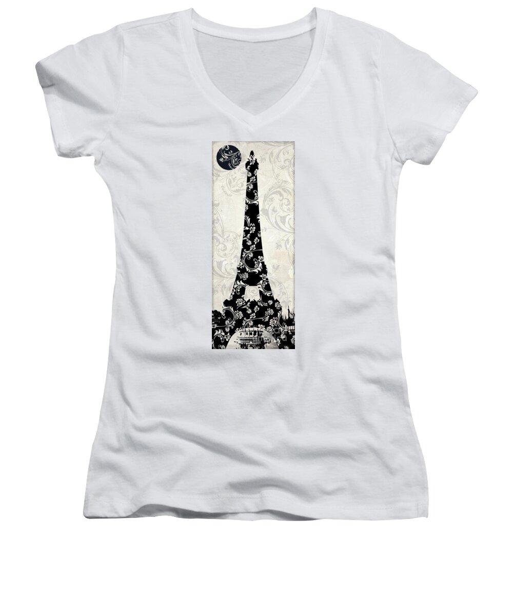 Paris Women's V-Neck featuring the painting Moon Over Paris by Mindy Sommers