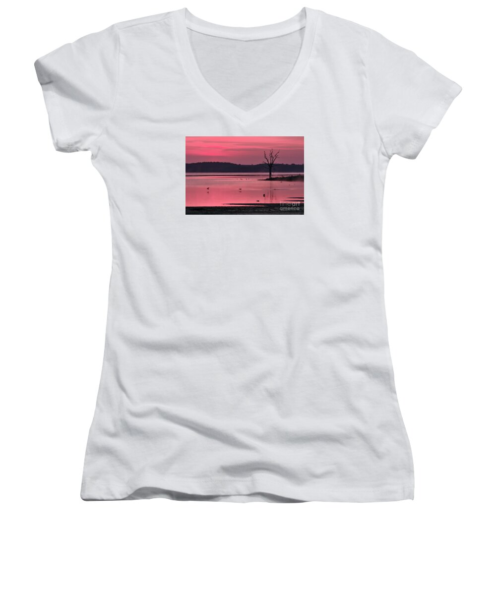 Rutland Water Women's V-Neck featuring the photograph Morning Has Broken by Martyn Arnold