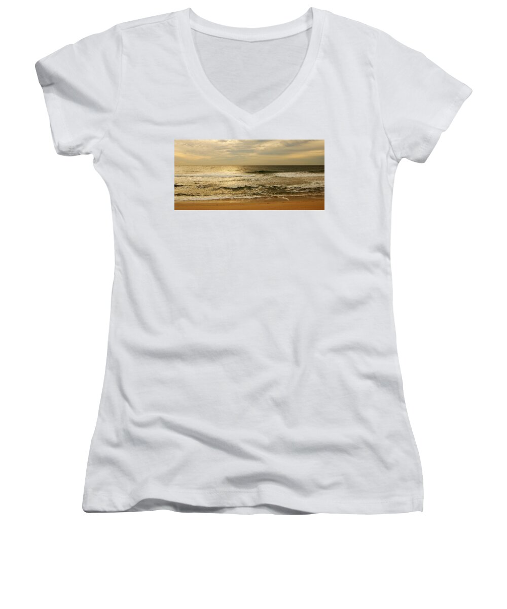 Jersey Shore Women's V-Neck featuring the photograph Morning On The Beach - Jersey Shore by Angie Tirado