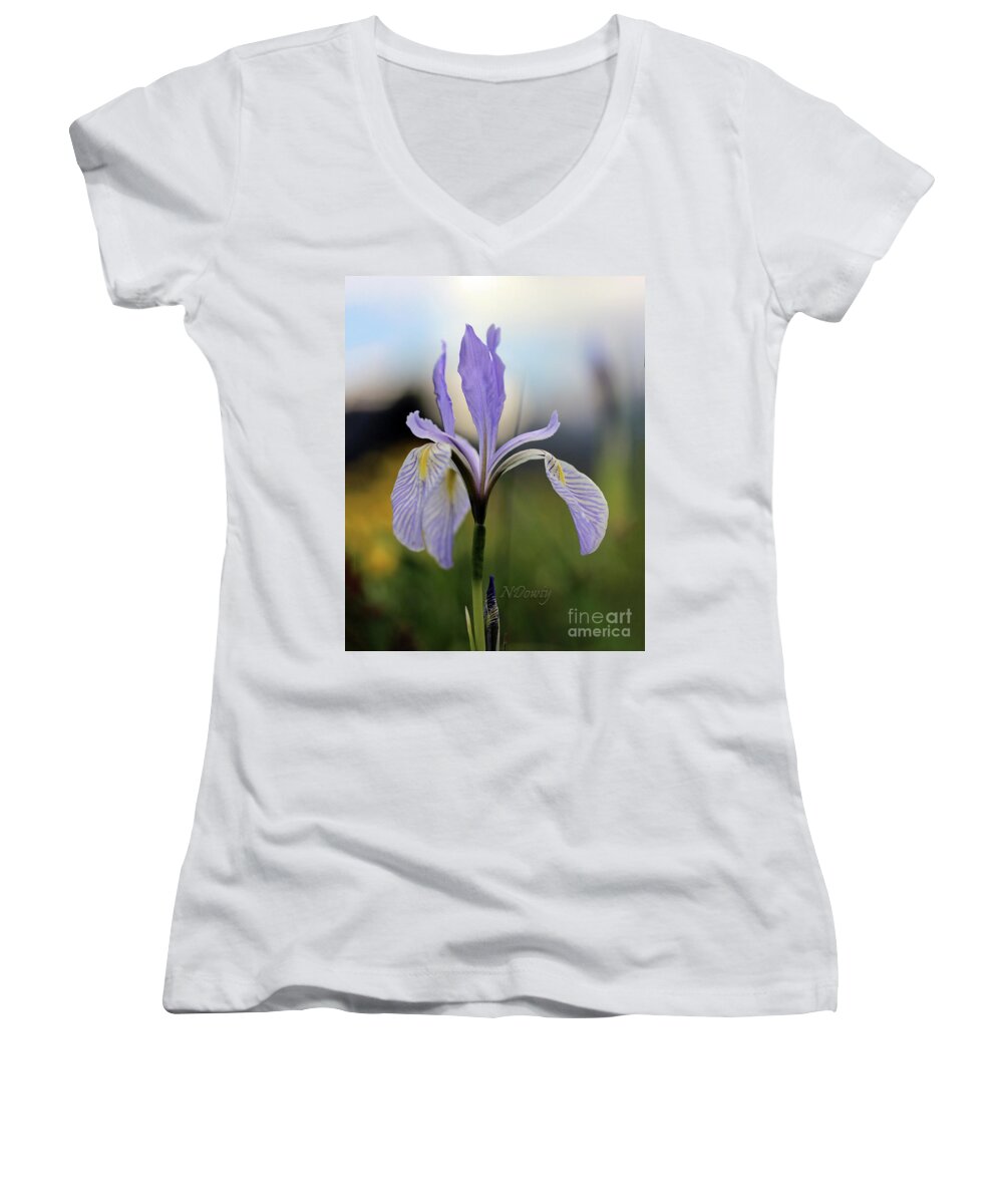 Mountain Iris With Bud Women's V-Neck featuring the photograph Mountain Iris with Bud by Natalie Dowty