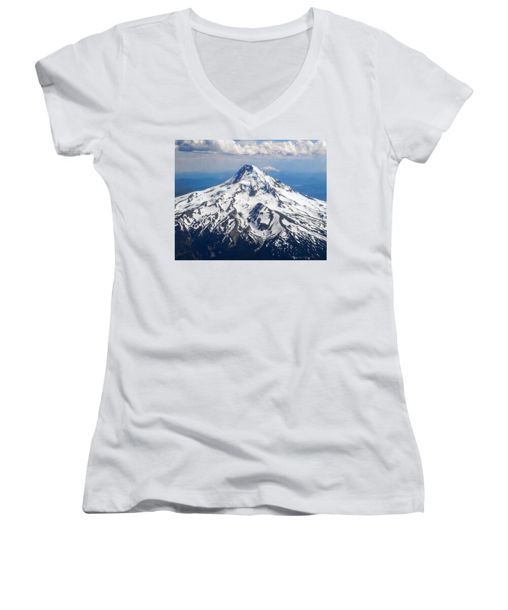 Mount Hood Women's V-Neck featuring the digital art Mt. Hood from 10,000 feet by Michael Oceanofwisdom Bidwell