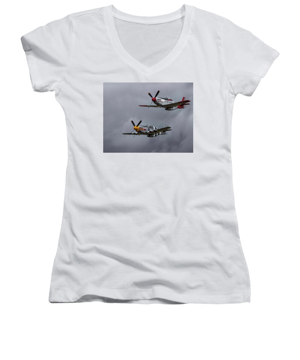 Airplanes Women's V-Neck featuring the photograph Mustangs by Elvira Butler