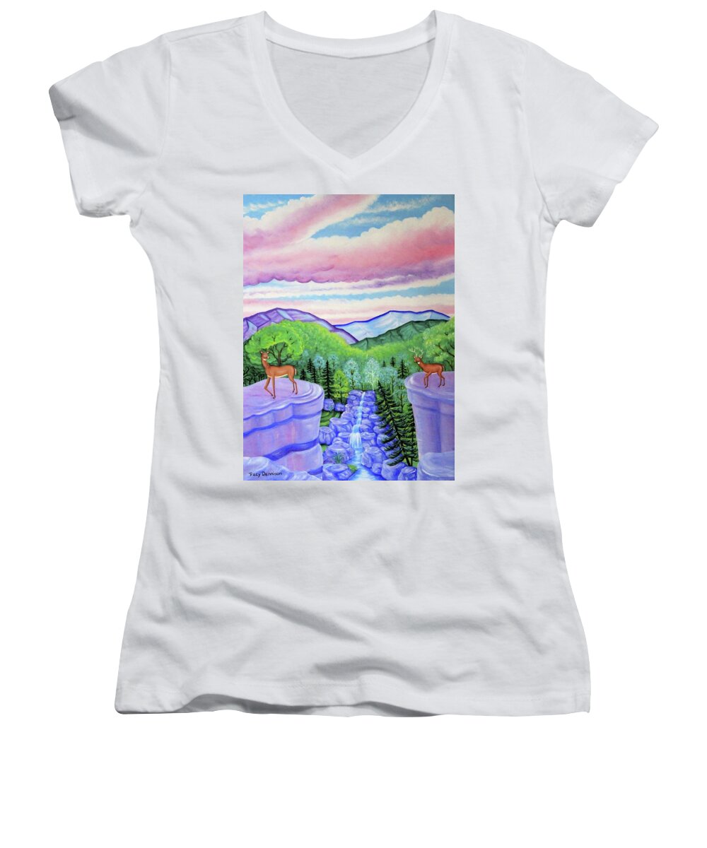  Women's V-Neck featuring the painting Mystic Mountain by Tracy Dennison
