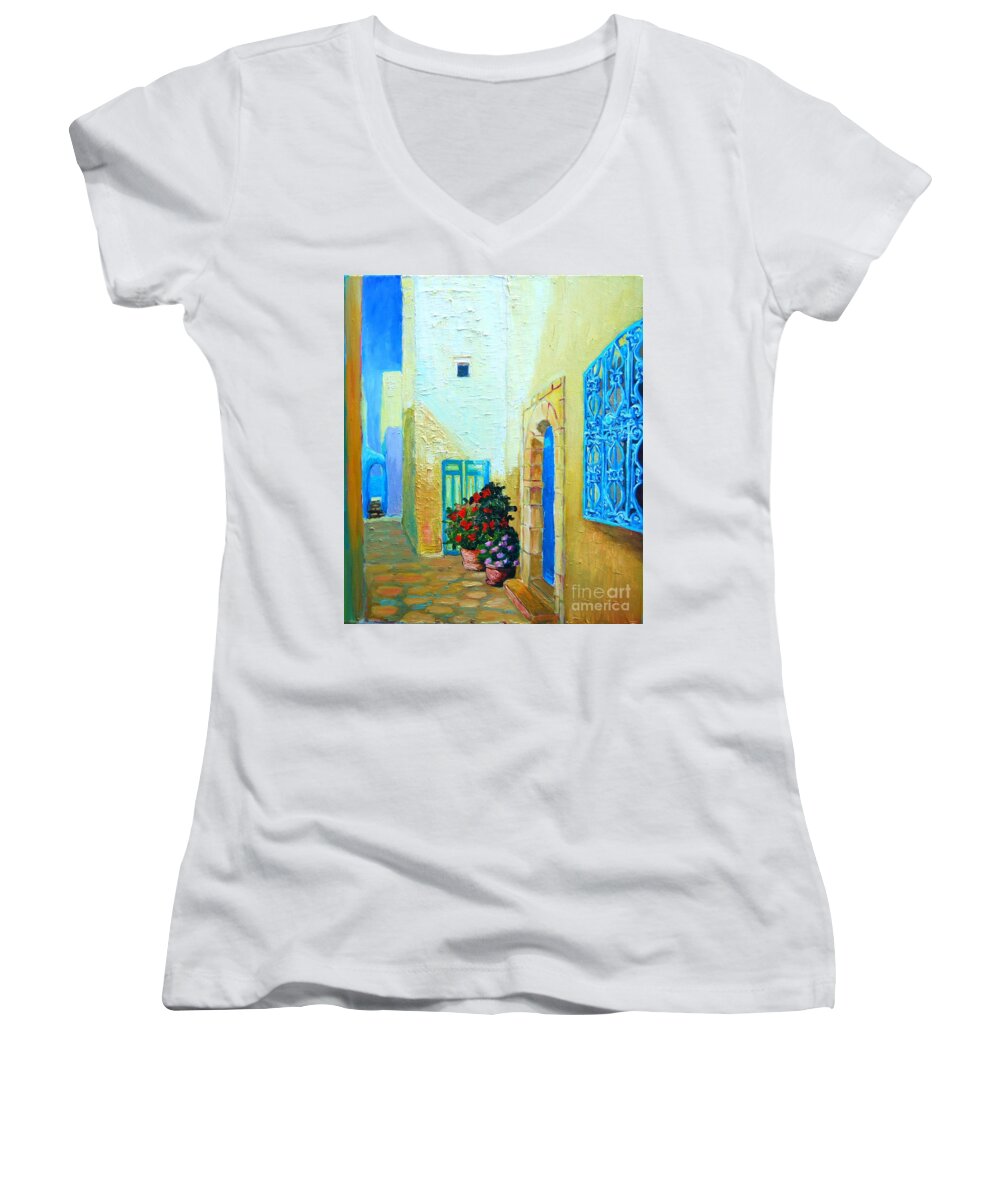Blue Women's V-Neck featuring the painting Narrow street in Hammamet by Ana Maria Edulescu