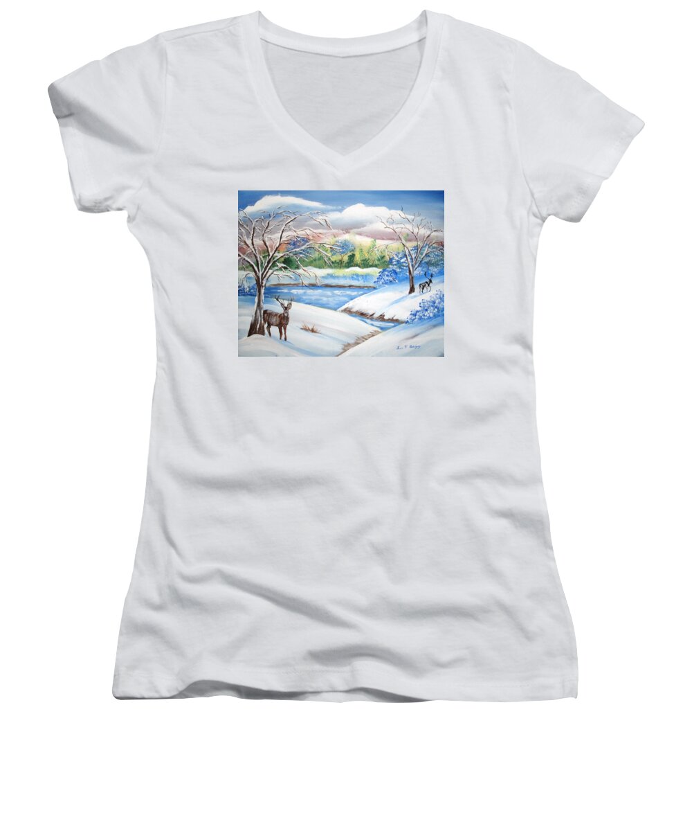 Winter Scene Women's V-Neck featuring the painting Natural Beauty by Luis F Rodriguez
