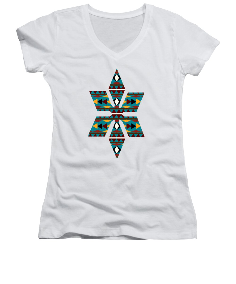 Navajo Women's V-Neck featuring the mixed media Navajo Teal Pattern Art by Christina Rollo