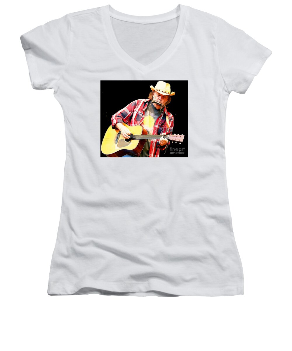 Neil Young Women's V-Neck featuring the painting Neil Young by John Malone