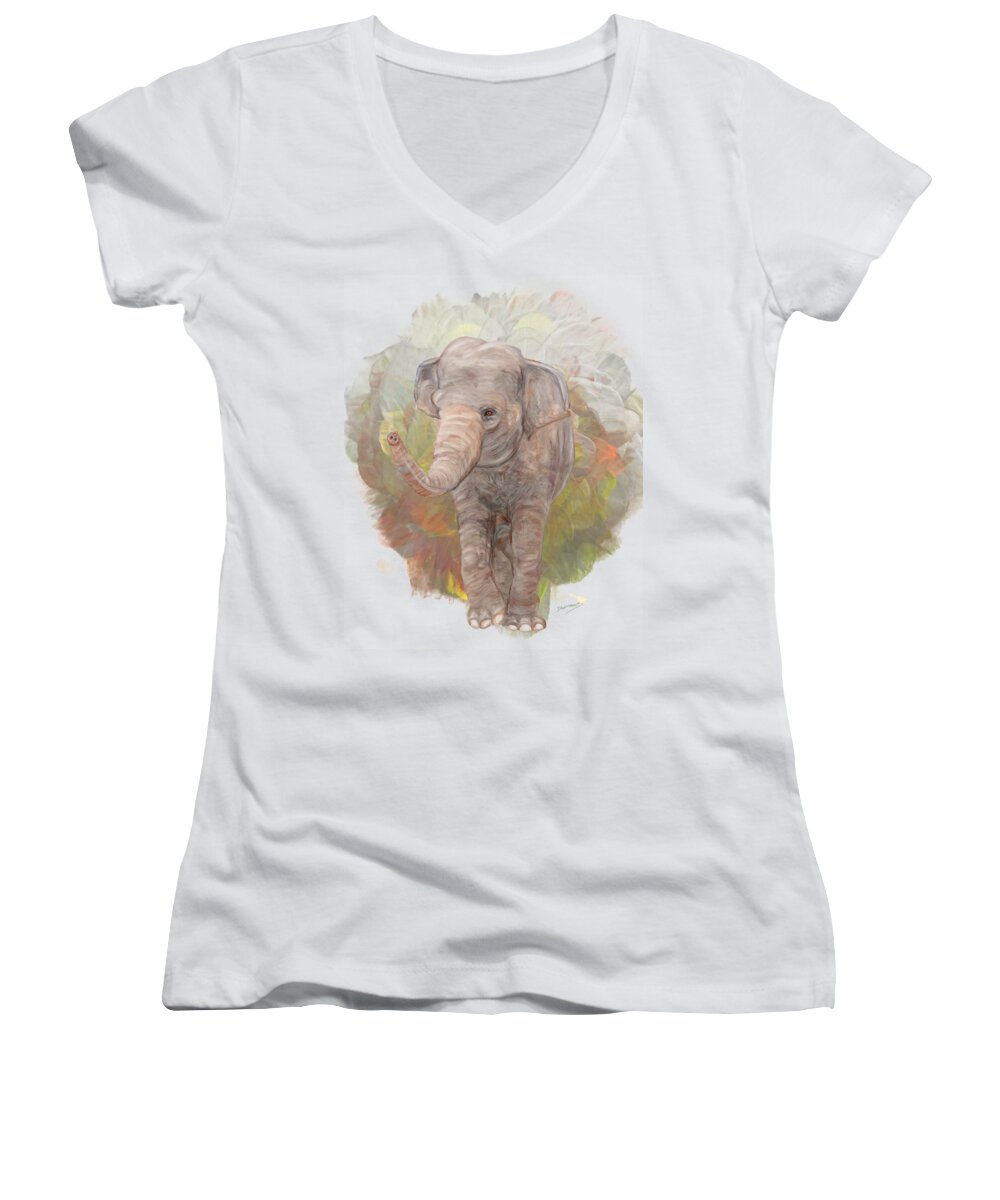 Elephant Women's V-Neck featuring the painting Never Forget Me by David Wagner