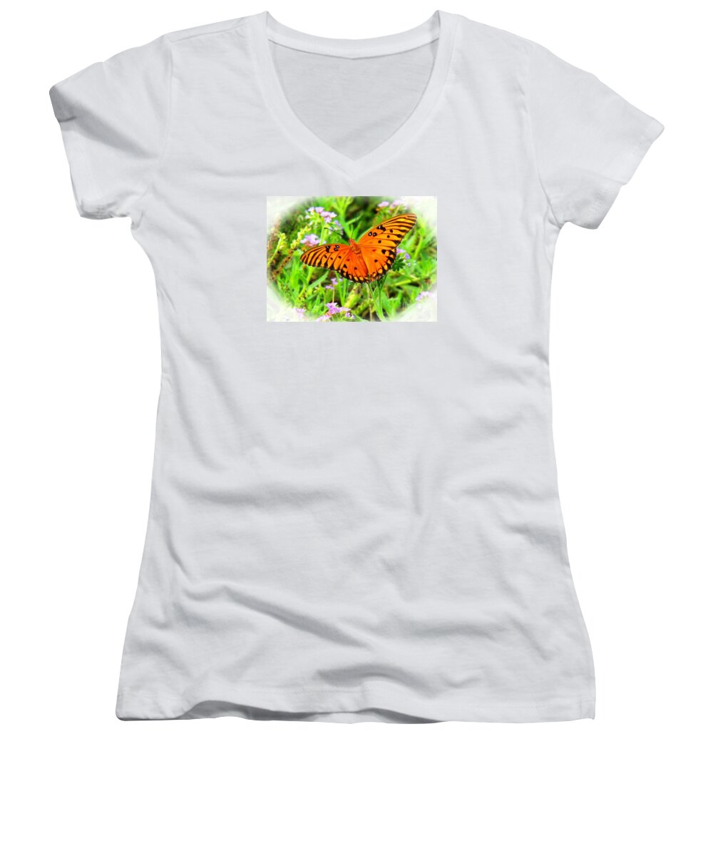 Butterfly Orange Nature Women's V-Neck featuring the photograph New Beginnings By Matthew by Matthew Seufer