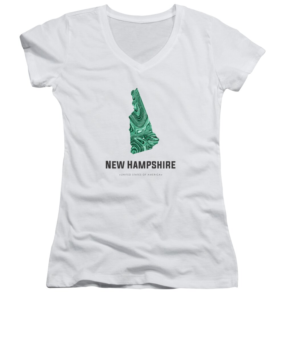 New Hampshire Women's V-Neck featuring the mixed media New Hampshire Map Art Abstract in Blue Green by Studio Grafiikka