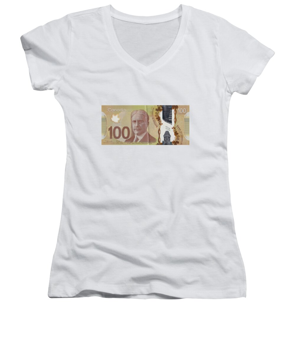'paper Currency' By Serge Averbukh Women's V-Neck featuring the digital art New One Hundred Canadian Dollar Bill by Serge Averbukh