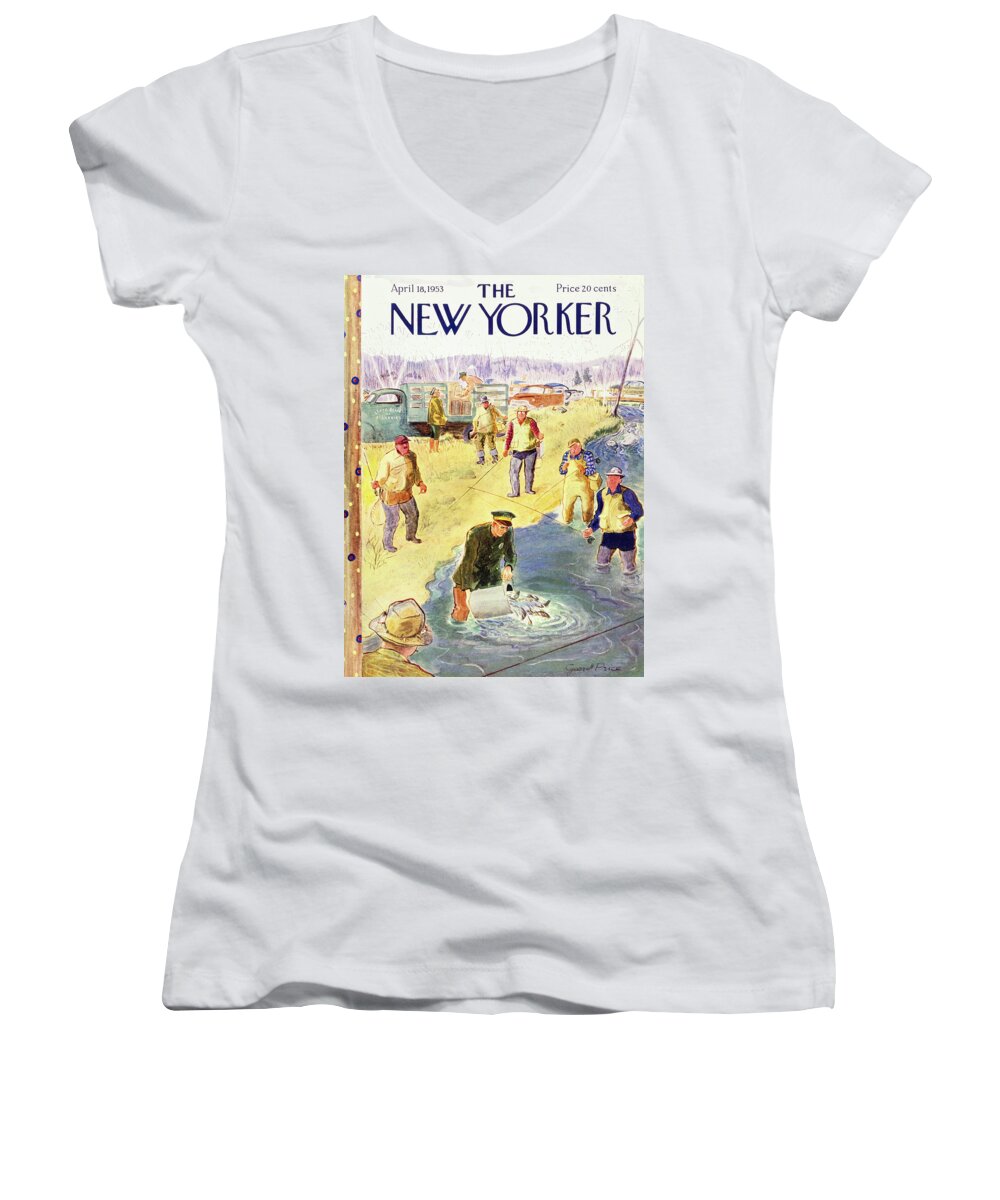 Anglers Women's V-Neck featuring the painting New Yorker April 18 1953 by Garrett Price