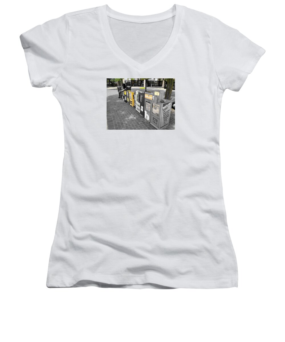 Newspaper Women's V-Neck featuring the photograph Newspaper Boxes by Chris Montcalmo