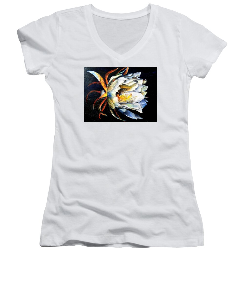 Floral Women's V-Neck featuring the painting Nocturnal Desert Blossom by Terry R MacDonald