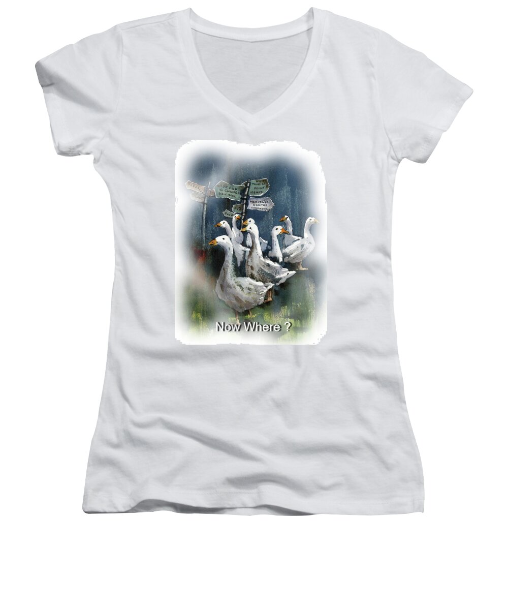 Geese Women's V-Neck featuring the painting Now Where ? by Val Byrne
