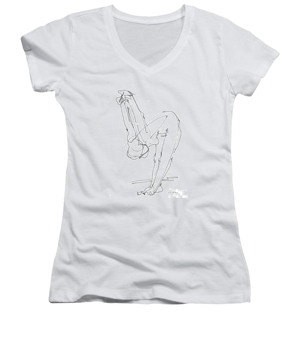 Female Women's V-Neck featuring the drawing Nude Female Drawings 10 by Gordon Punt
