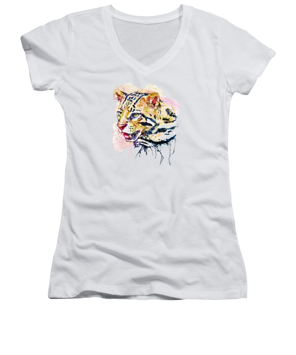 Marian Voicu Women's V-Neck featuring the painting Ocelot Head by Marian Voicu