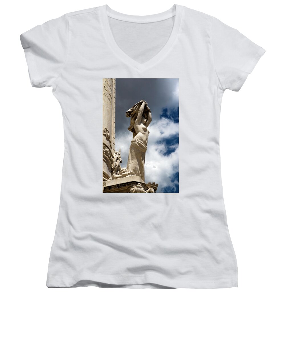 Lisbon Women's V-Neck featuring the photograph Of Shadow and Sky in Marquis de Pombal Square by Lorraine Devon Wilke